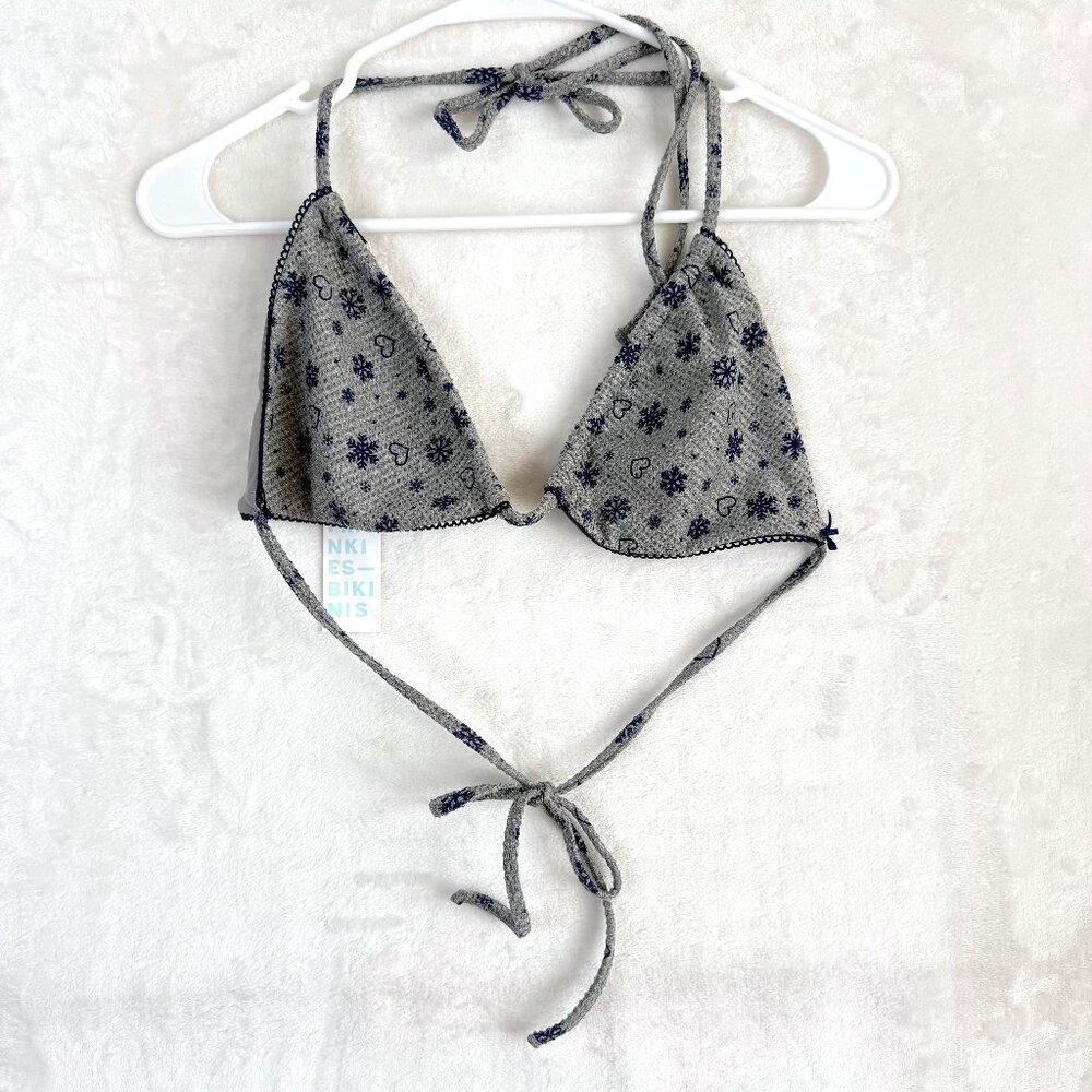 FRANKIES BIKINIS Tia Waffle Thermal Triangle Bikini Top L Gray Apres Ski NEW